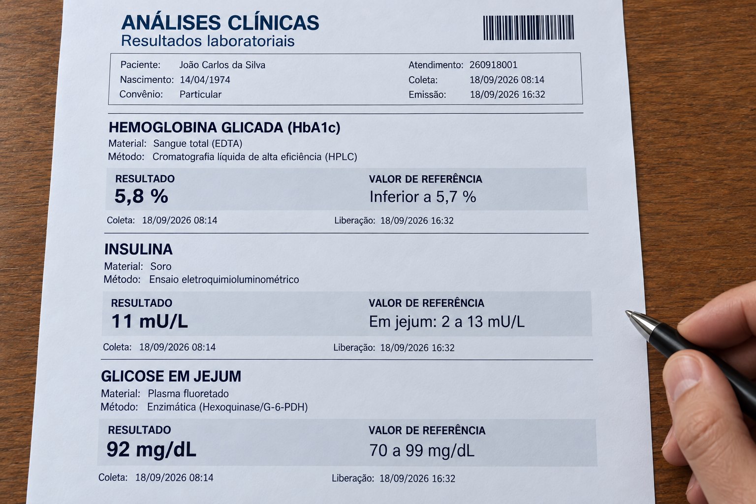 Laudo ilustrativo com hemoglobina glicada em 5,8%, insulina em 11 mU/L e glicose em jejum em 92 mg/dL. Imagem gerada por IA com dados fictícios.