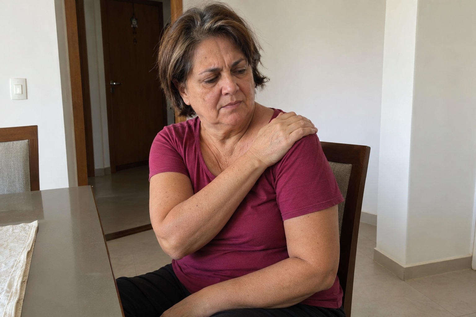 Mulher madura sentada em casa, tocando o ombro com expressão de desconforto. Cena ilustrativa gerada por IA.
